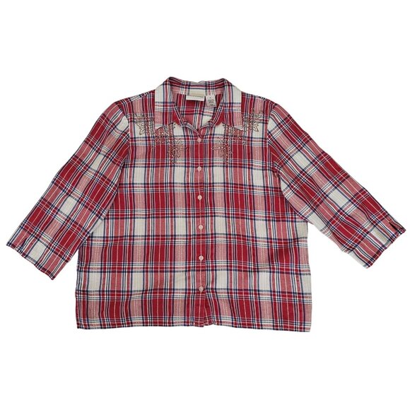 Alfred Dunner Red Plaid Rhinestone Accent Button Front 3/4 Sleeve Blouse Size 16 - Picture 2 of 13